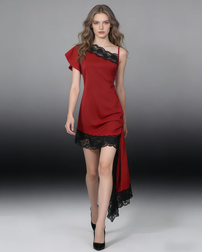 Red & Black Lace Asymmetric Dress