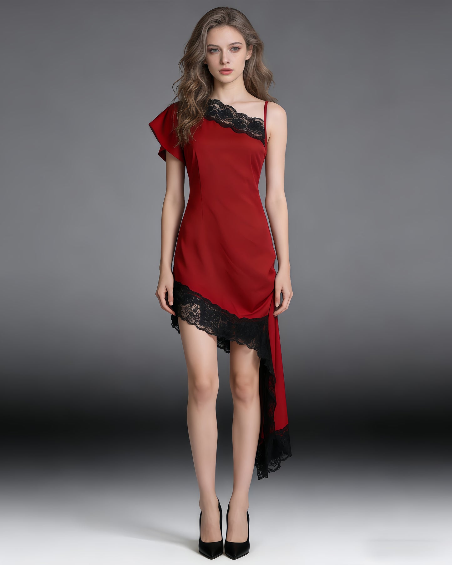 Red & Black Lace Asymmetric Dress