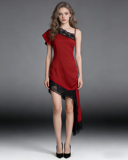 Red & Black Lace Asymmetric Dress