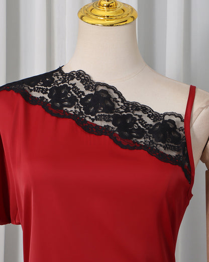 Red & Black Lace Asymmetric Dress