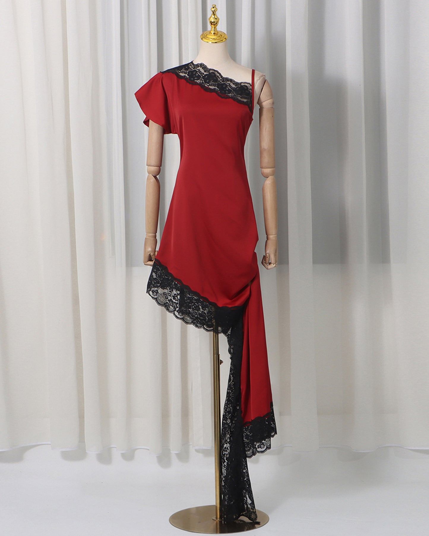 Red & Black Lace Asymmetric Dress