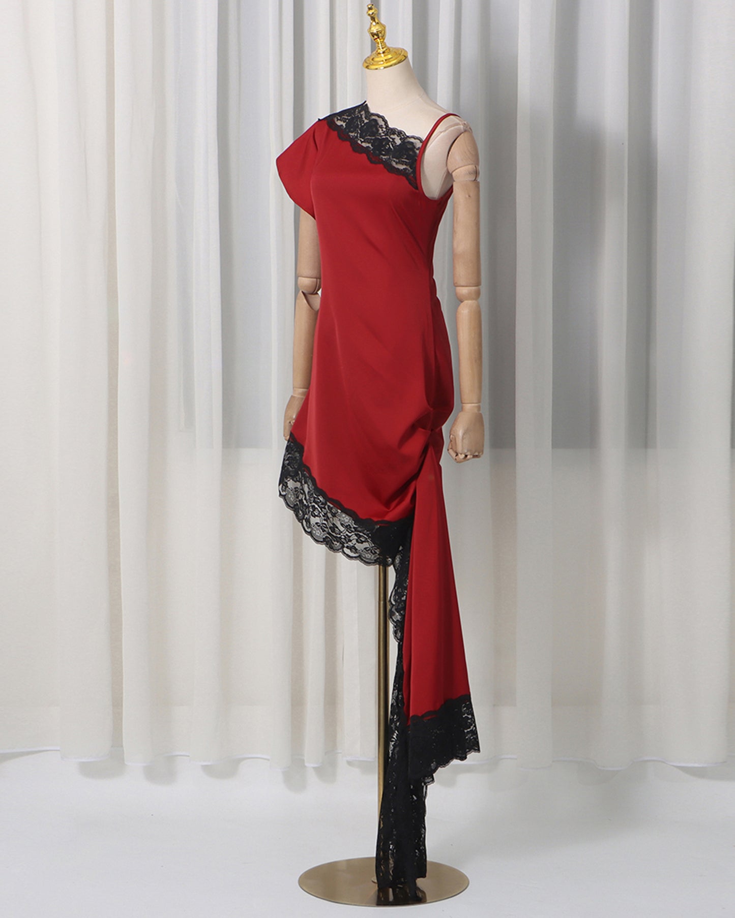 Red & Black Lace Asymmetric Dress