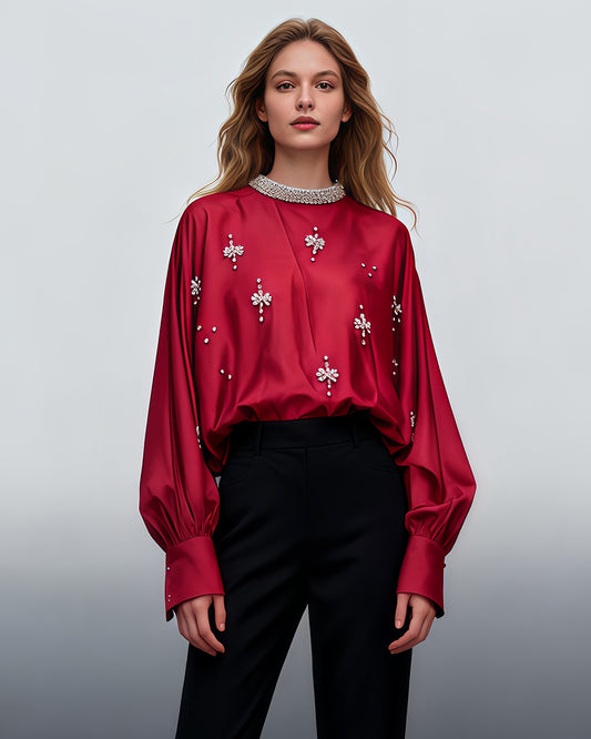 Red Blouse with Rhinestone Floral & Batwing Sleeve