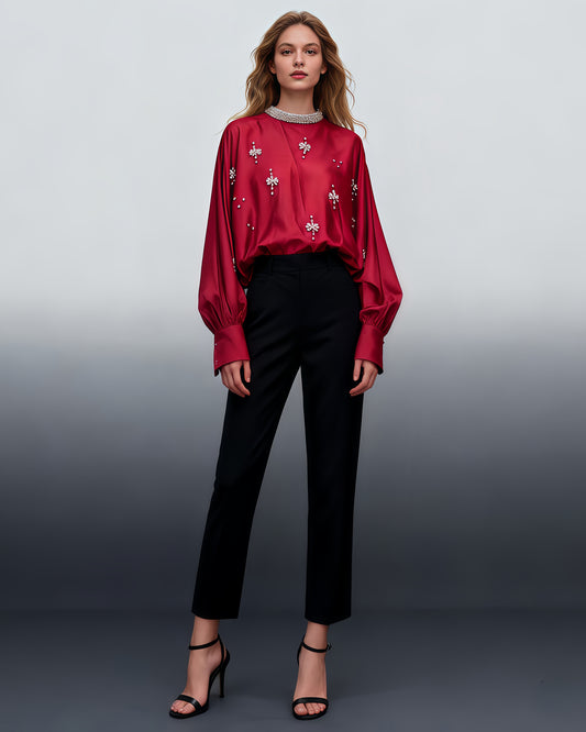 Red Blouse with Rhinestone Floral & Batwing Sleeve