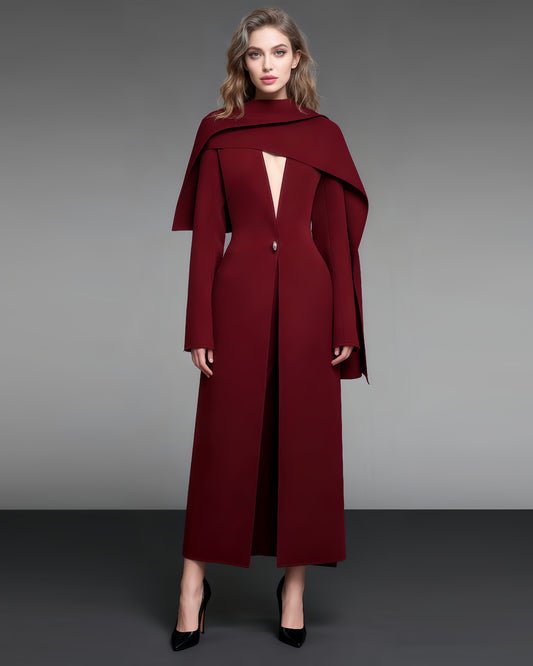 Red Cape - Style Long Jacket with Dramatic Design