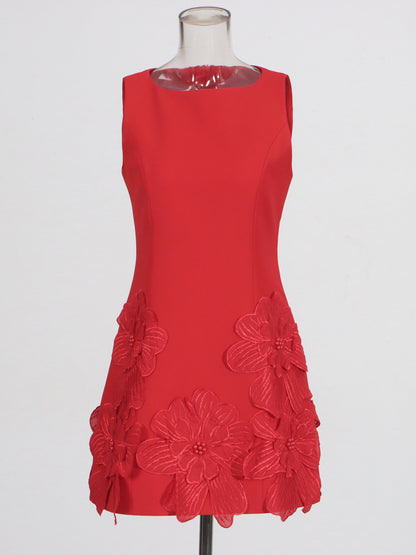 Red Floral Appliqué Sleeveless Mini Dress