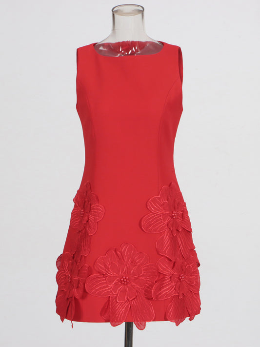 Red Floral Appliqué Sleeveless Mini Dress