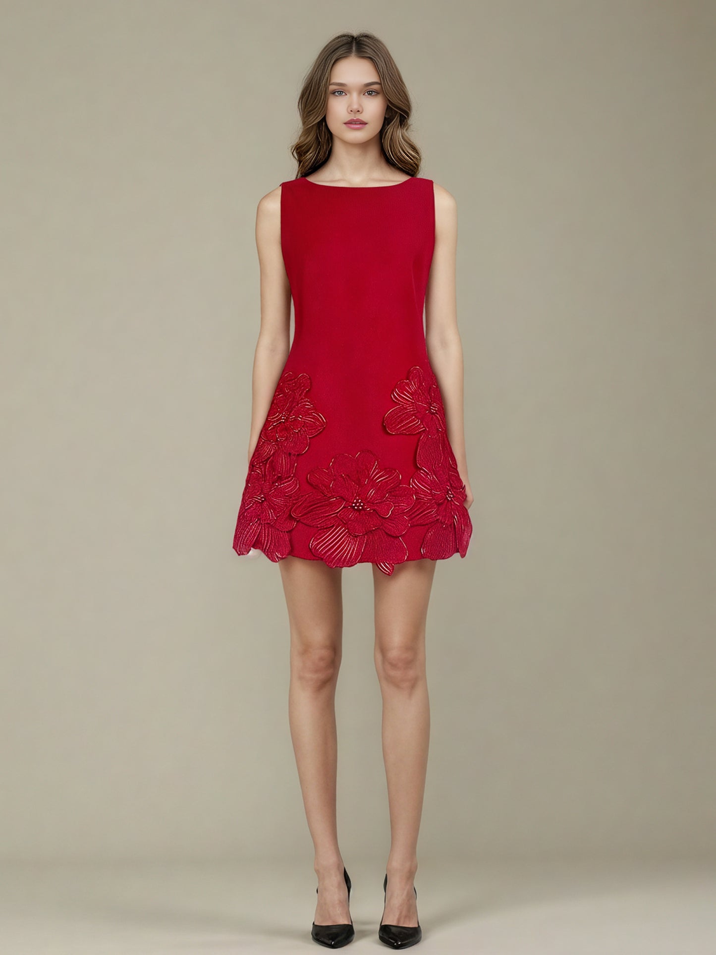 Red Floral Appliqué Sleeveless Mini Dress