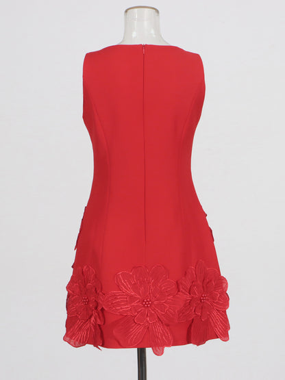 Red Floral Appliqué Sleeveless Mini Dress