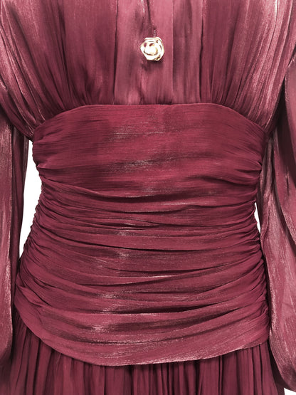 Red Ruched Waist Tiered Midi Dress