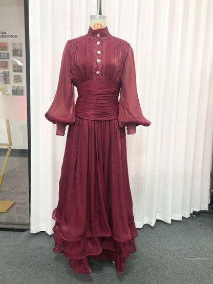 Red Ruched Waist Tiered Midi Dress