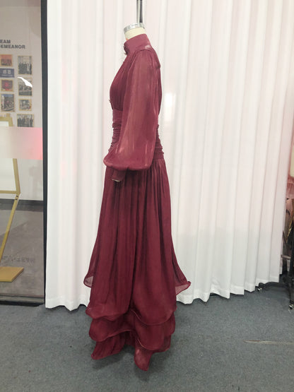 Red Ruched Waist Tiered Midi Dress