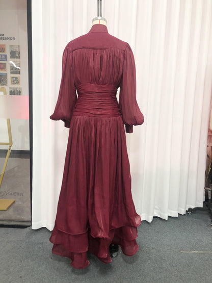 Red Ruched Waist Tiered Midi Dress