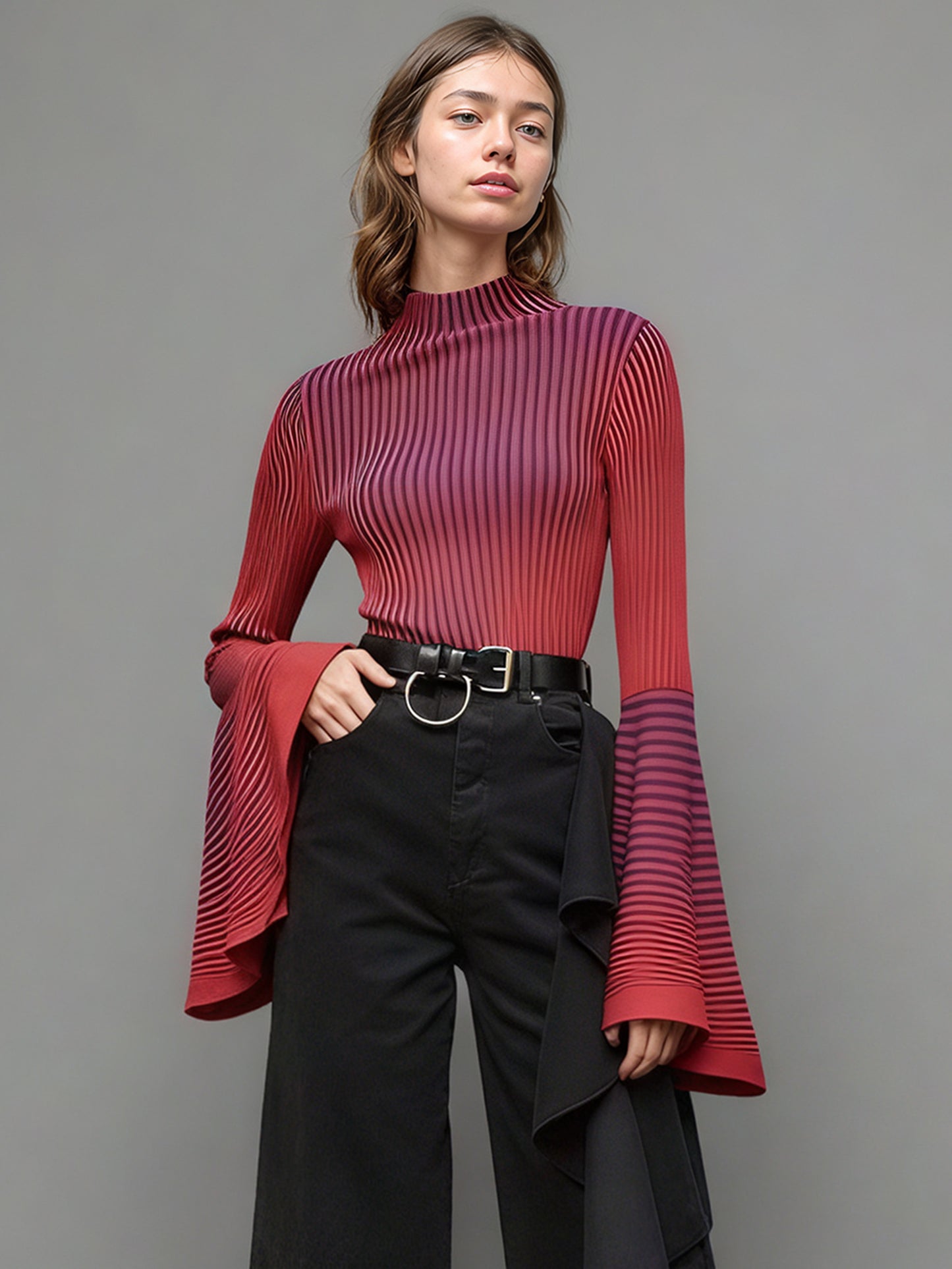 Red Striped Knit Sweater with Bell Sleeve Detail