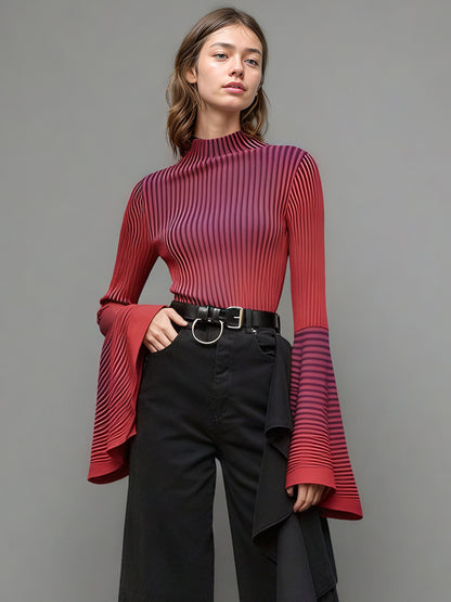 Red Striped Knit Sweater with Bell Sleeve Detail