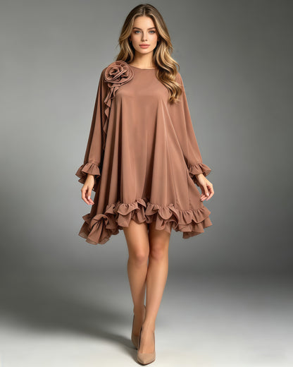 Redbeanpink Spliced Flower Ruffle Loose Mini Dress