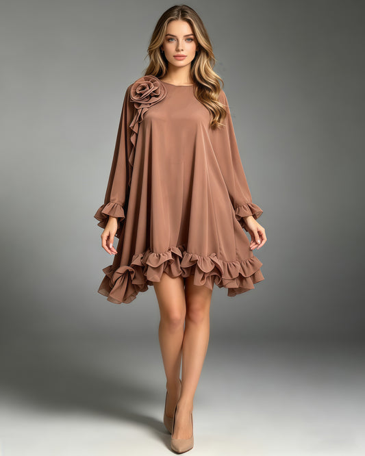 Redbeanpink Spliced Flower Ruffle Loose Mini Dress