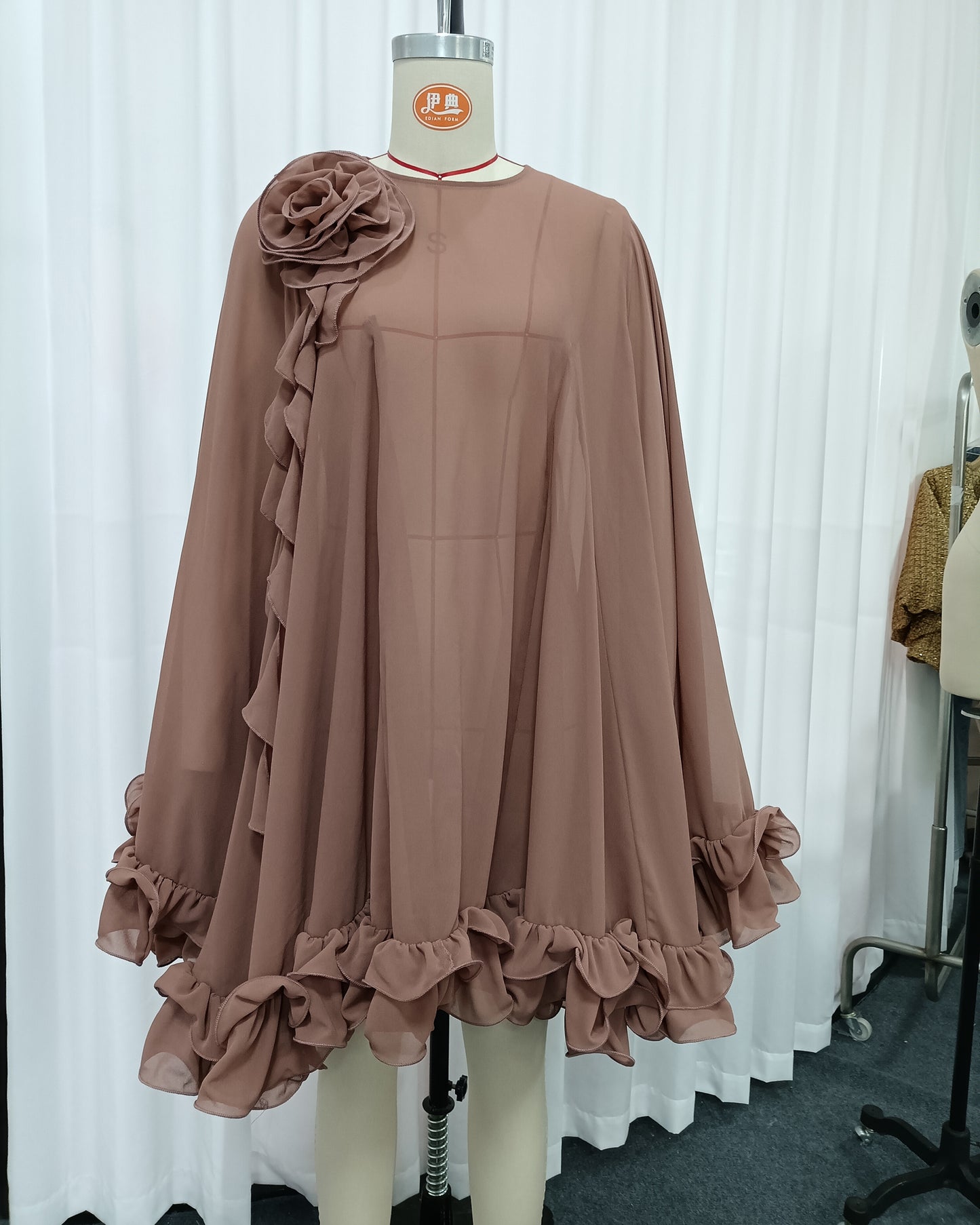 Redbeanpink Spliced Flower Ruffle Loose Mini Dress