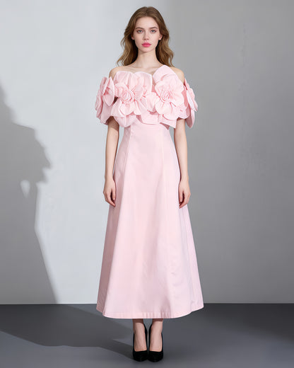 Romantic Pink Off - Shoulder Floral Applique Maxi Dress