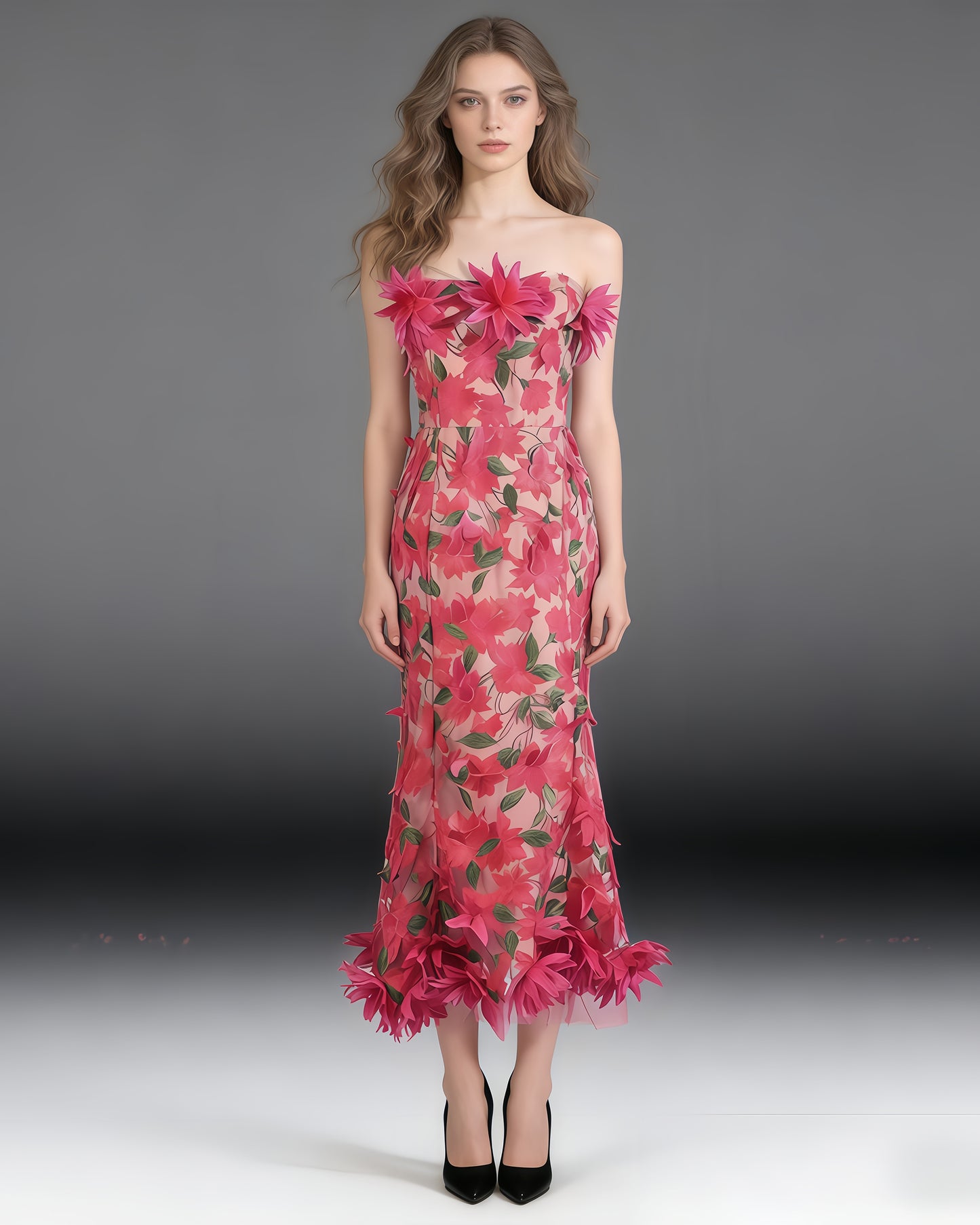 Rose 3D Floral Strapless Gown