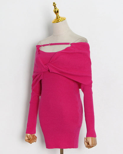 Rose Off-Shoulder Knit Bodycon Dress