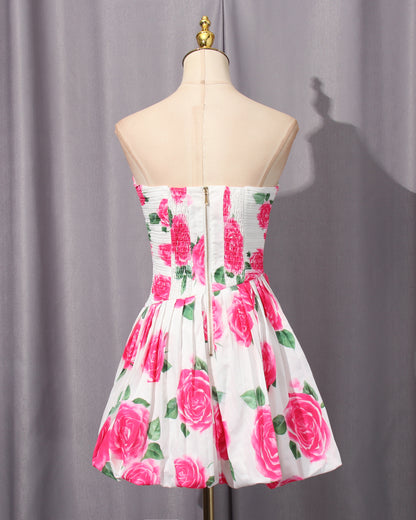 Rose Print Strapless Mini Dress