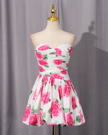 Rose Print Strapless Mini Dress