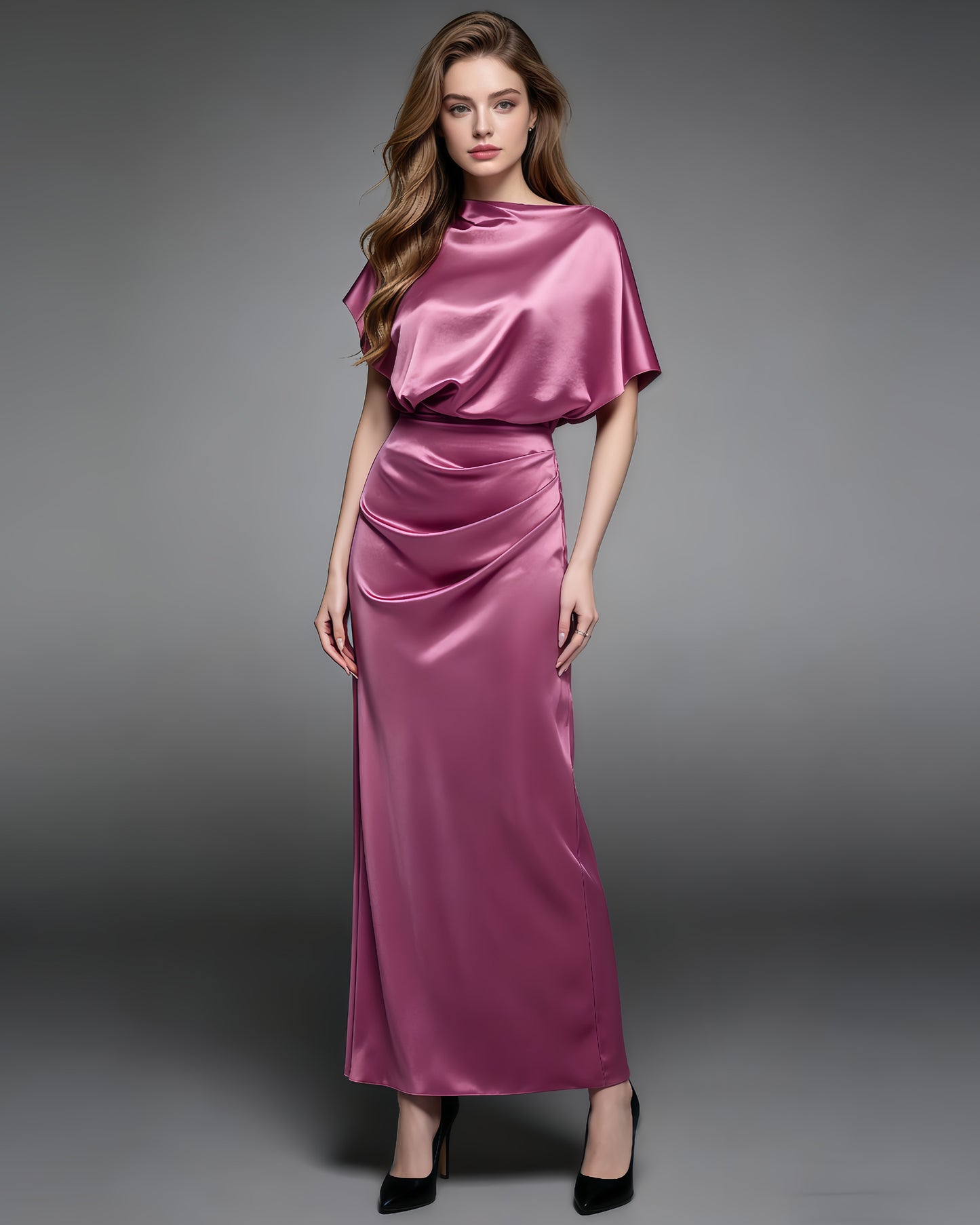 Rose Satin Draped Maxi Dress