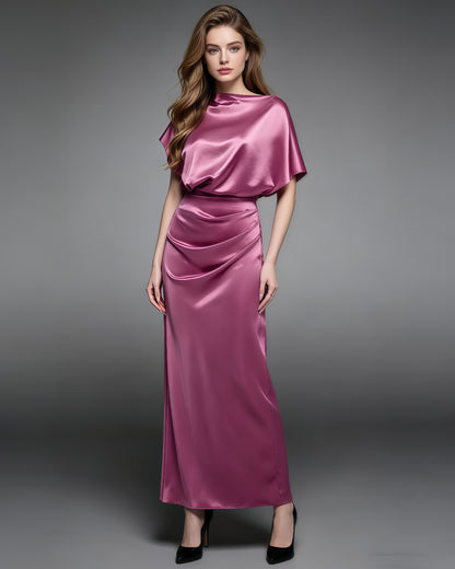 Rose Satin Draped Maxi Dress