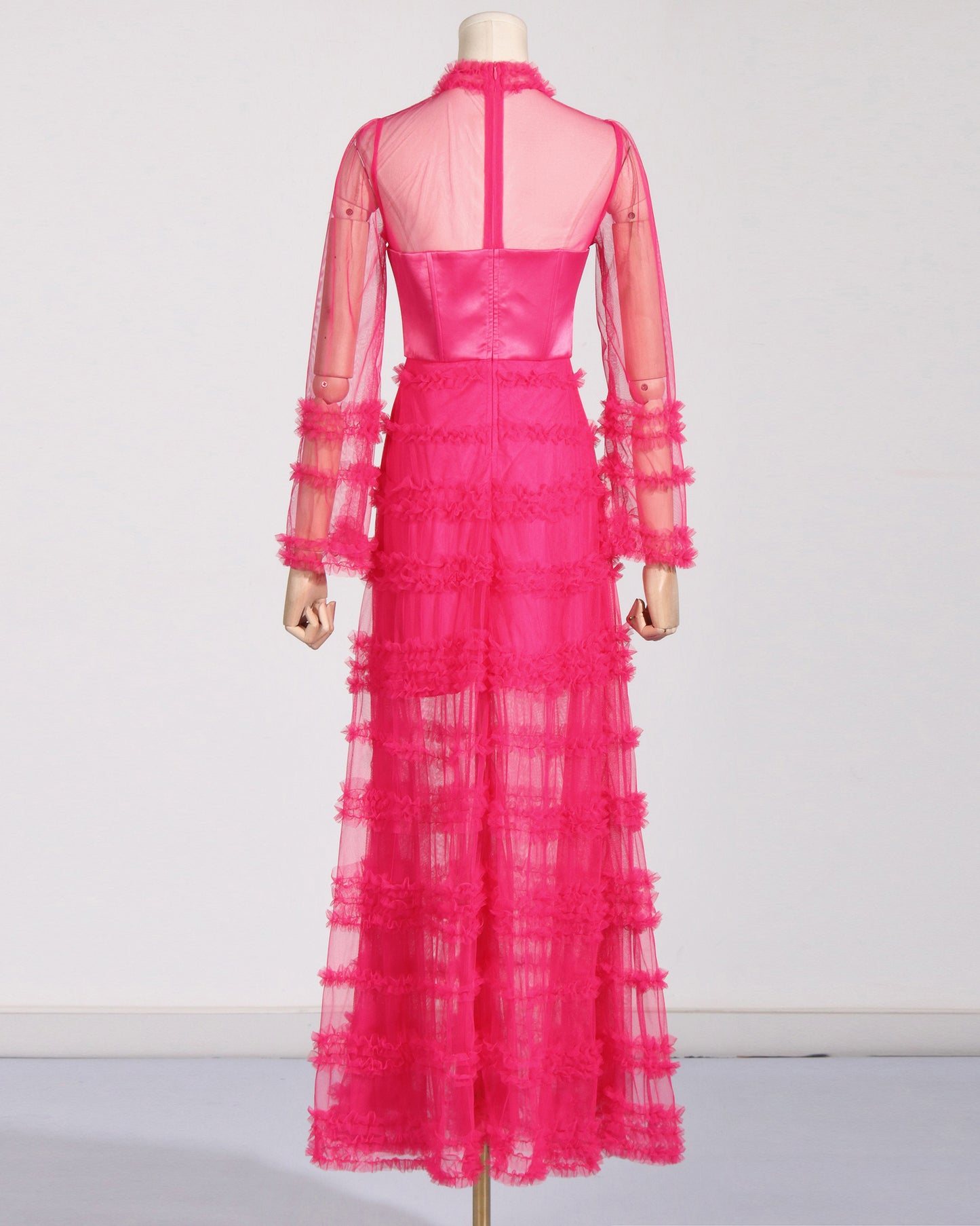 Rose Sheer Tulle Ruffled Maxi Dress