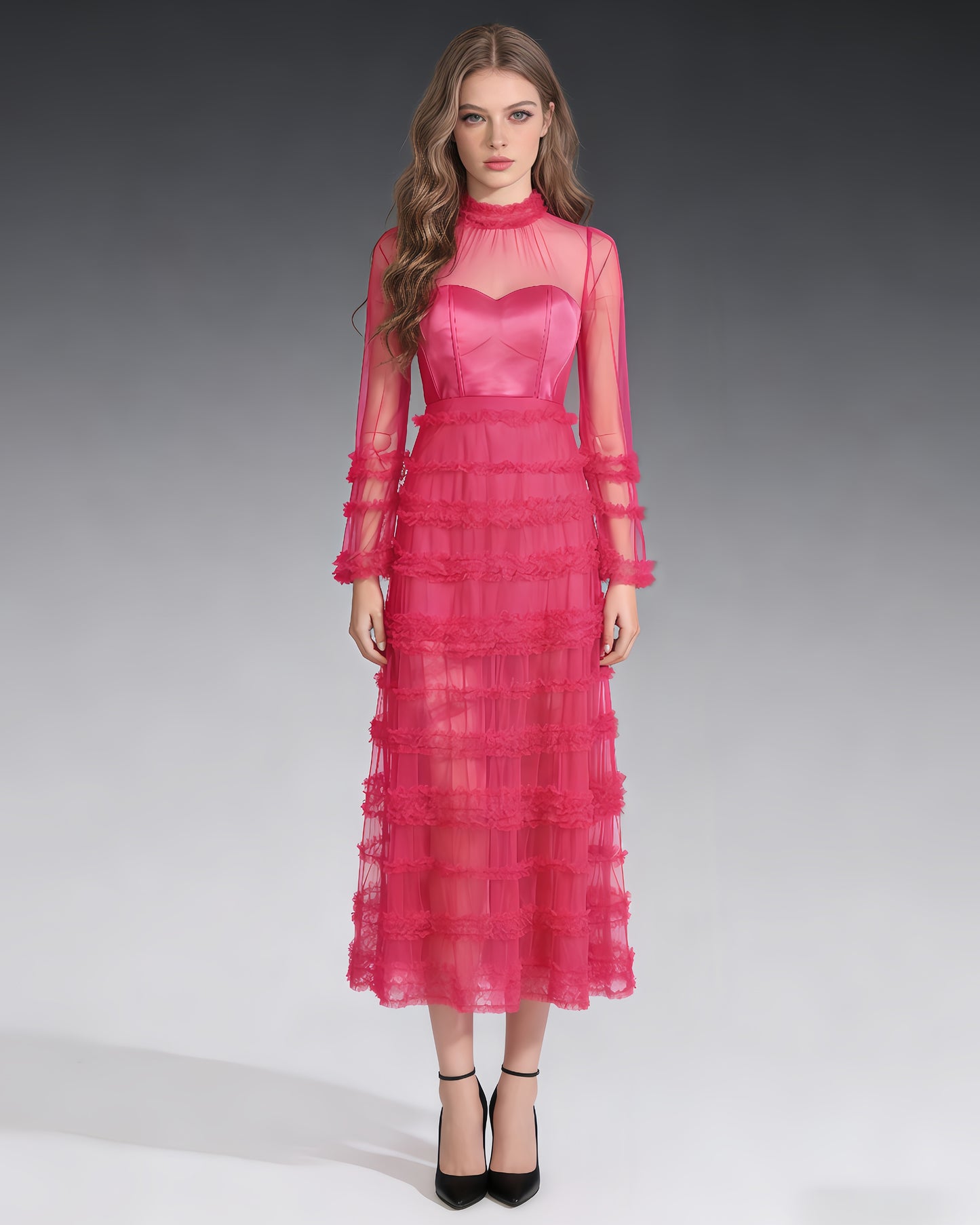 Rose Sheer Tulle Ruffled Maxi Dress