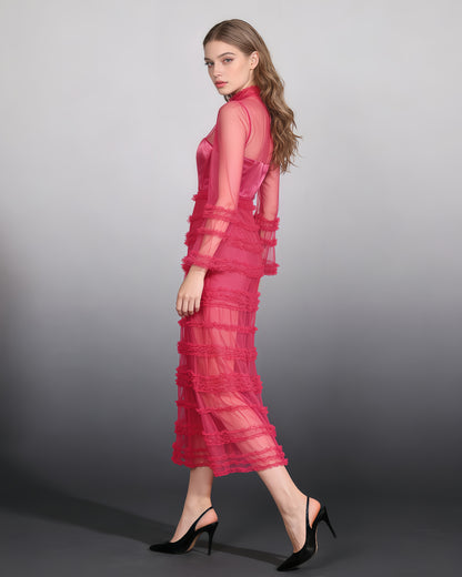 Rose Sheer Tulle Ruffled Maxi Dress