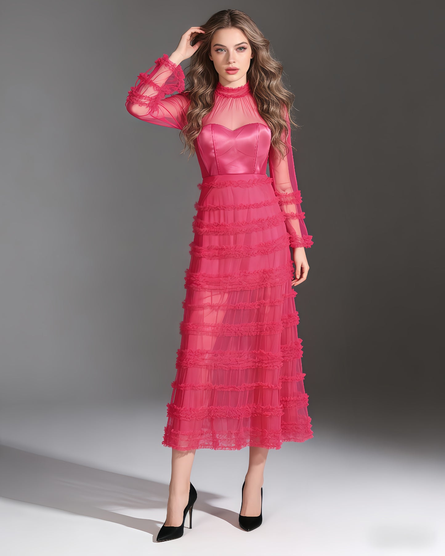 Rose Sheer Tulle Ruffled Maxi Dress