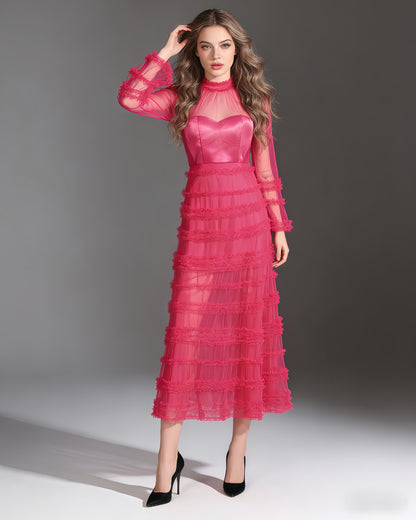 Rose Sheer Tulle Ruffled Maxi Dress