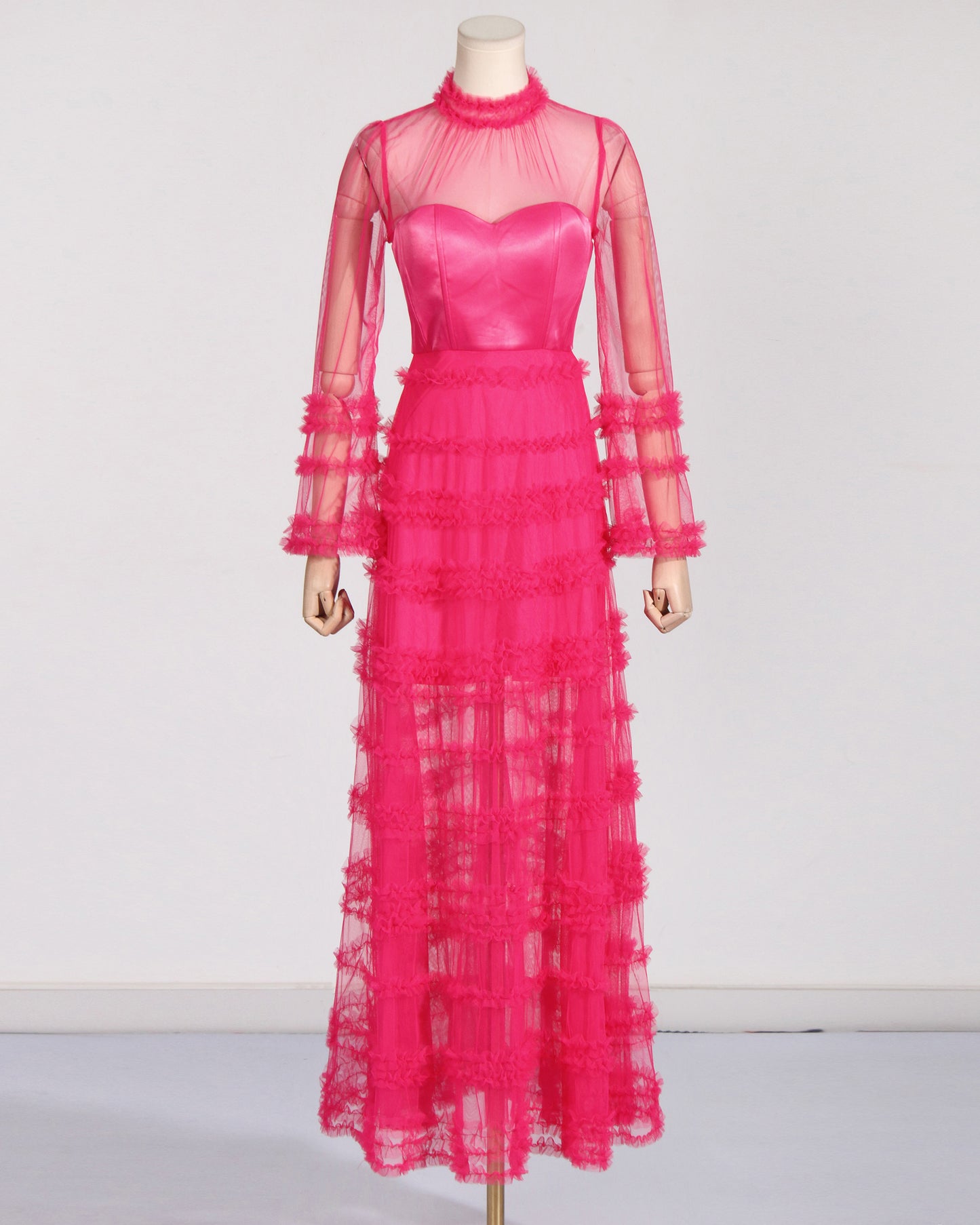Rose Sheer Tulle Ruffled Maxi Dress