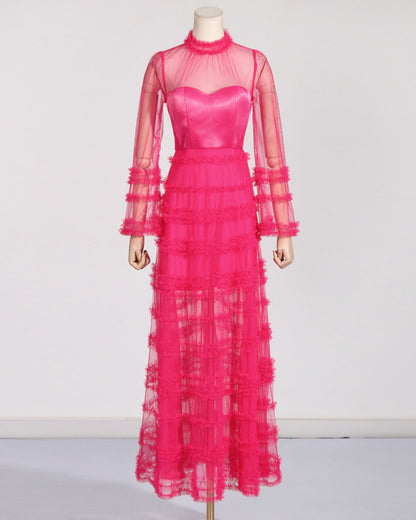 Rose Sheer Tulle Ruffled Maxi Dress