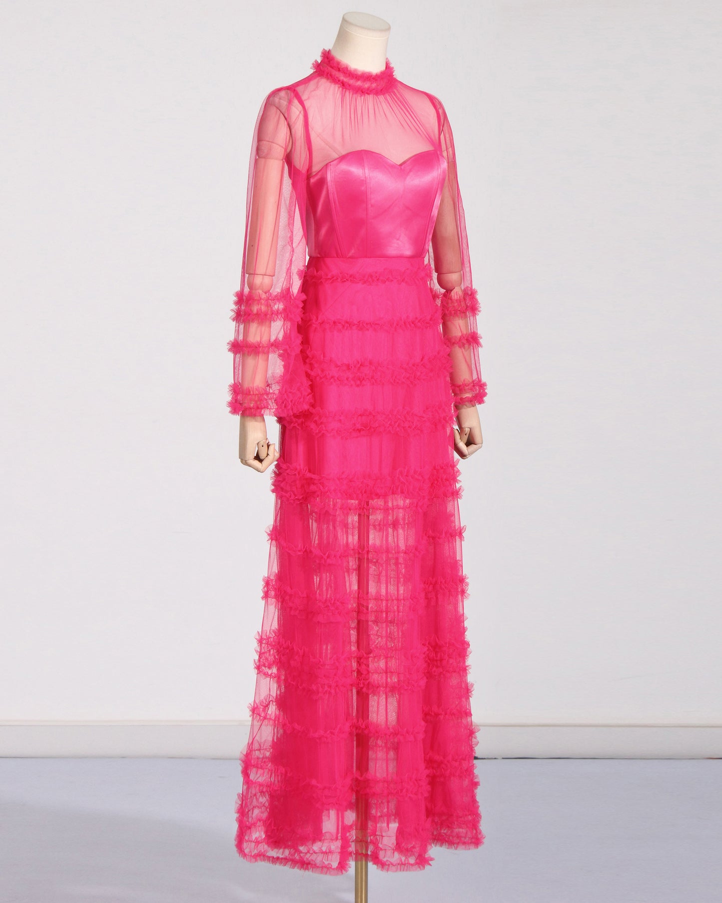 Rose Sheer Tulle Ruffled Maxi Dress