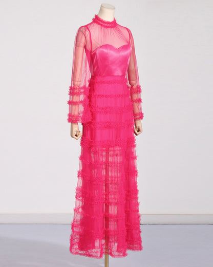 Rose Sheer Tulle Ruffled Maxi Dress