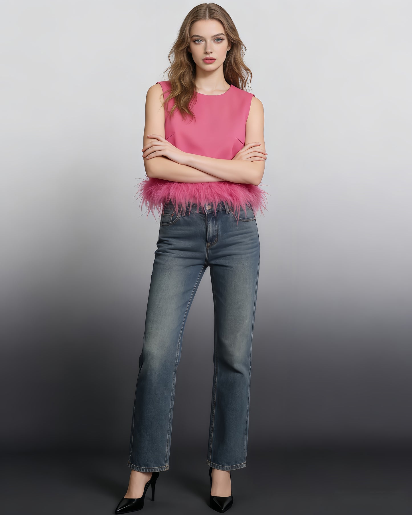 Rose Sleeveless Top with Feather Hem