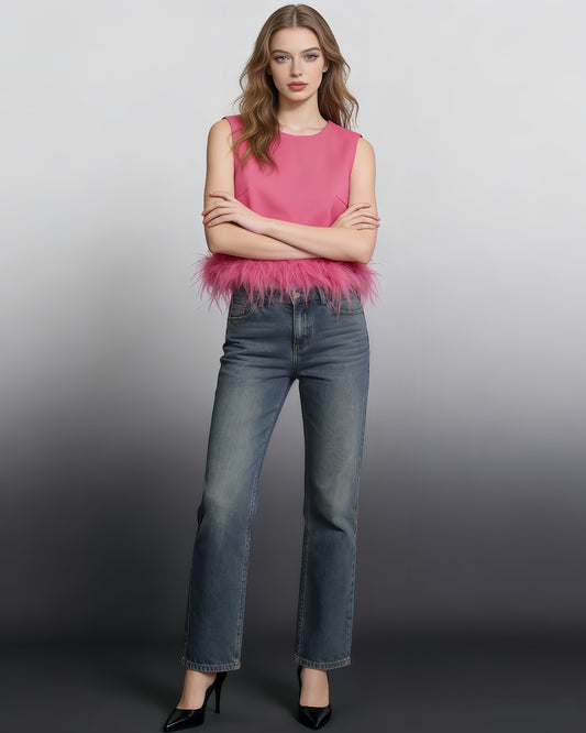 Rose Sleeveless Top with Feather Hem