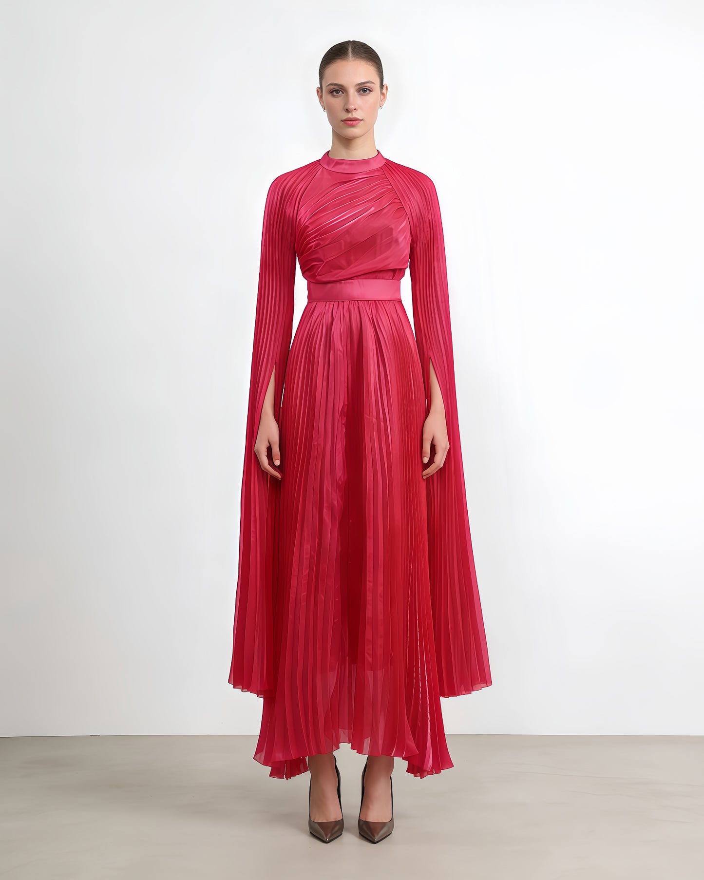 Rose Stand Collar Pleated Maxi Dress
