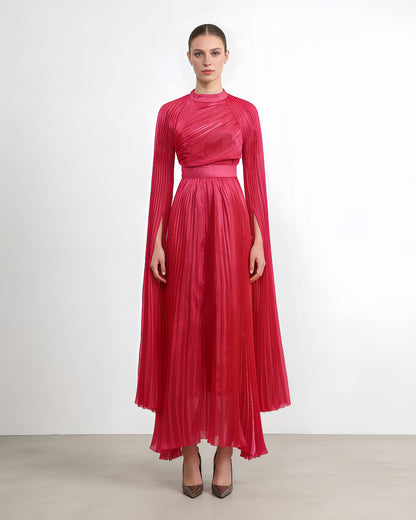 Rose Stand Collar Pleated Maxi Dress