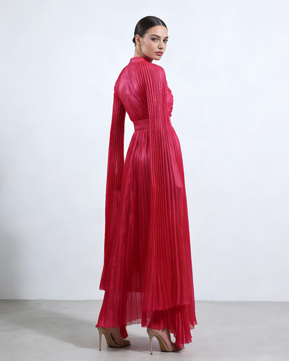 Rose Stand Collar Pleated Maxi Dress