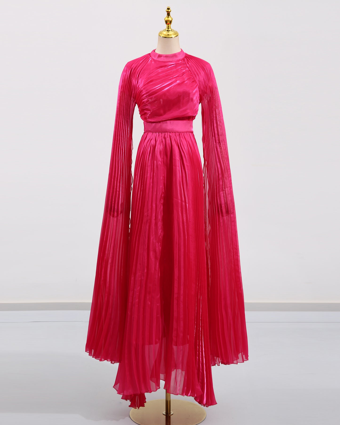 Rose Stand Collar Pleated Maxi Dress
