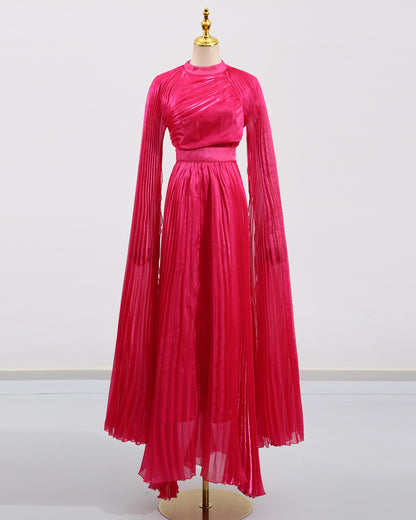 Rose Stand Collar Pleated Maxi Dress