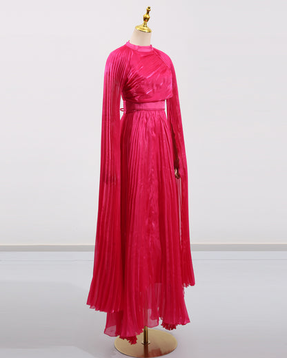 Rose Stand Collar Pleated Maxi Dress