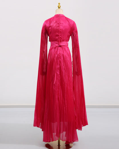 Rose Stand Collar Pleated Maxi Dress