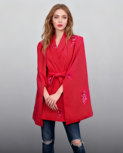 Rose V-Neck Waist Cinched Cape Jacket