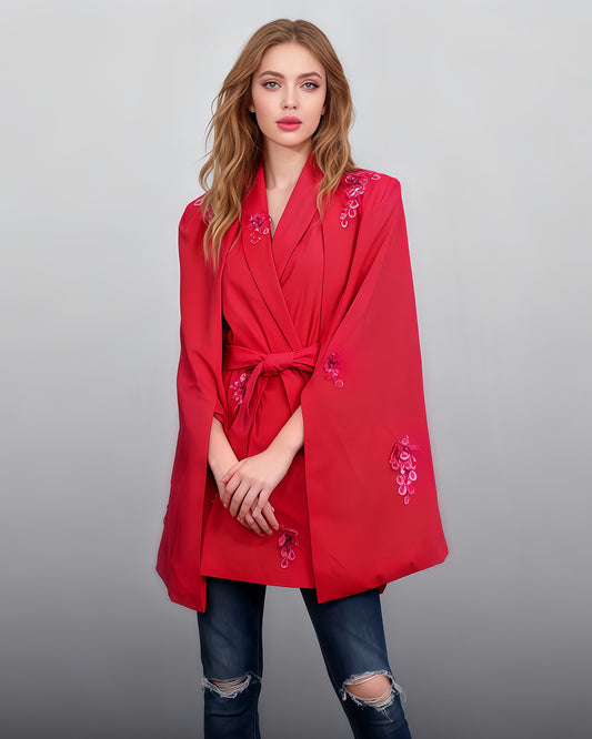 Rose V-Neck Waist Cinched Cape Jacket