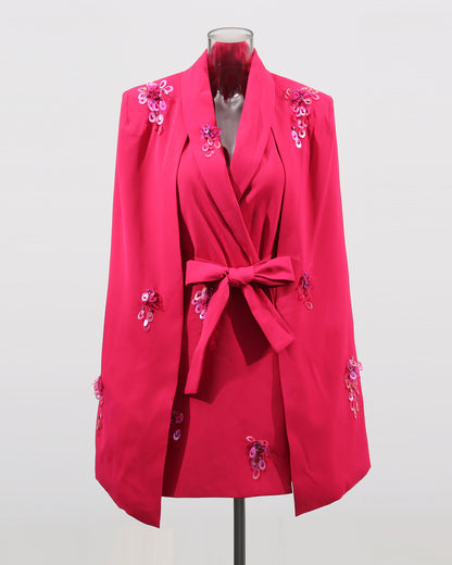 Rose V-Neck Waist Cinched Cape Jacket